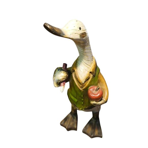 Tii Collections White Duck Teacher Apple Vest Folk Art Resin Wood Look 6.5" Gift - Picture 1 of 7